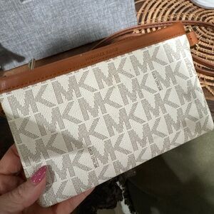 Michael Kors Tan and Cream Monogram Clutch